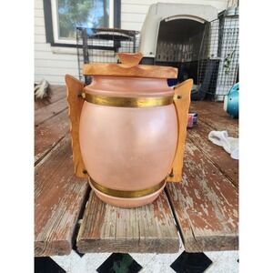Vintage Siesta Ware Pink Frosted Glass Cookie Jar, Brass & Wood Accents MCM Rare